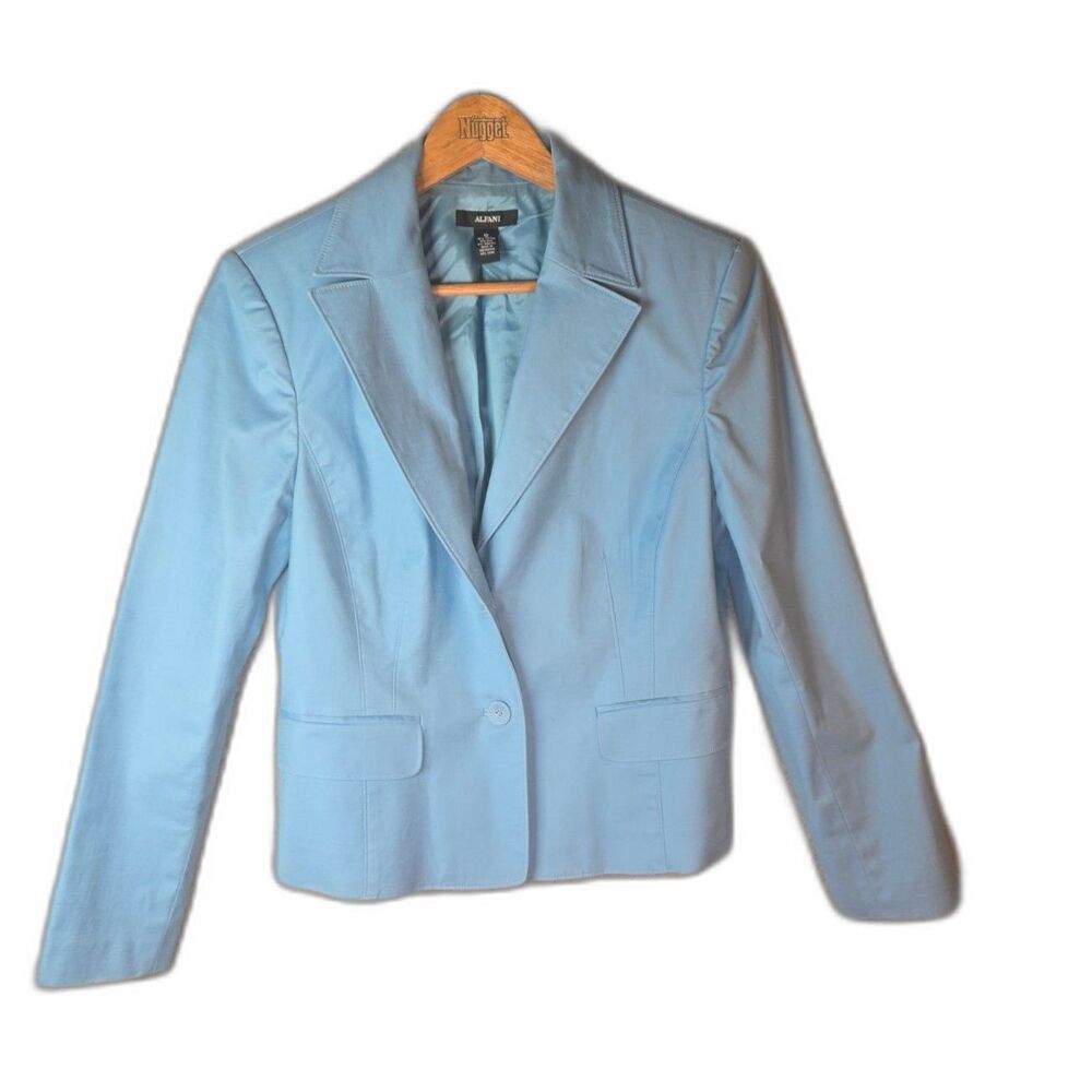 Alfani Sky Blue Cotton Silk Blend Blazer 12 Tailored Preppy Single Button